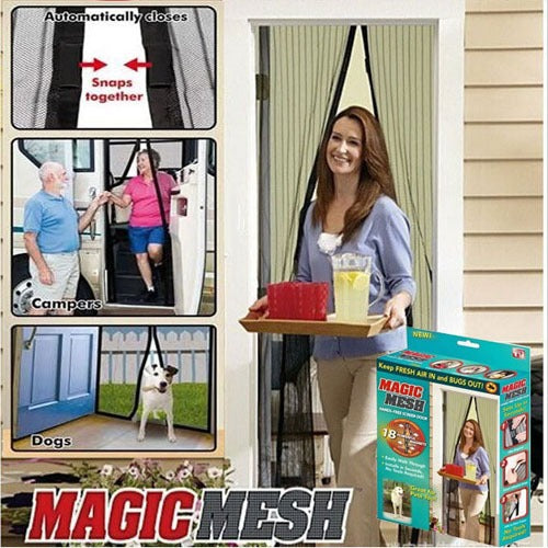 Mosquito Magic Mesh Hands-Free Screen Door Curtain – Magnetic Self-Closing Net with 20pcs Double Tape & 12pcs Hooks for Easy Installation