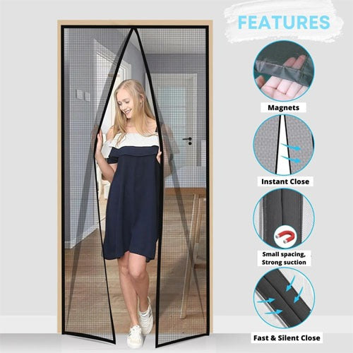 Mosquito Magic Mesh Hands-Free Screen Door Curtain – Magnetic Self-Closing Net with 20pcs Double Tape & 12pcs Hooks for Easy Installation